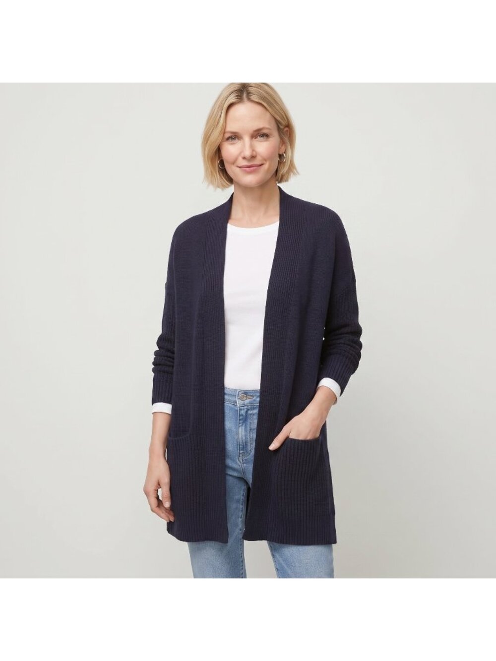 Loft Women's Rib Trim Pocket Open Cardigan Sweater in Navy Blue and size Small